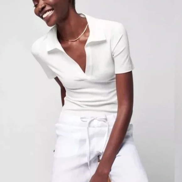 Faherty Brand White Ribbed Henley V-Neck Polo Bodysuit - Egret - Made in Turkey - Picture 3 of 7